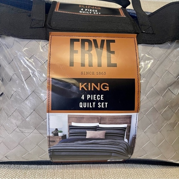 Frye King 4 Piece Quilt Set Navy Blue Striped NWT - Picture 5 of 7